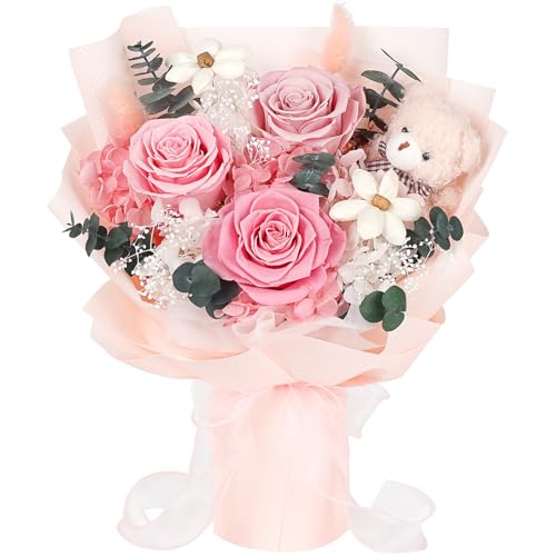 Konserviertes Blumenstrauß mit Bär, 3 Echte Ewige Blumen zur Lieferung, Langanhaltender Rosa Rosenstrauß, Geburtstagsgeschenke für Frauen, Mutter, Ehefrau, Sie