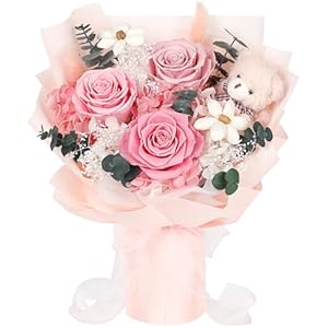 Preserved Flowers Bouquet with Bear, 3 Real Forever Flowers for Delivery, Long-Lasting Pink Eteranl Roses Bouquet Birthday Gifts for Women, Mother, Wife, Her