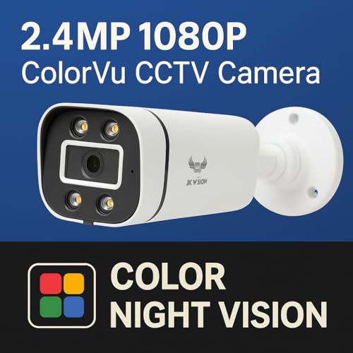 Image of JK Vision 2.4MP ColorVu CCTV Camera System for Home, Office, School (1 Bullet, 1 Dome, 500 GB Hard Disk, 4 Channel Power Supply, DVR, 90Mtr Cable, BNC /DC)