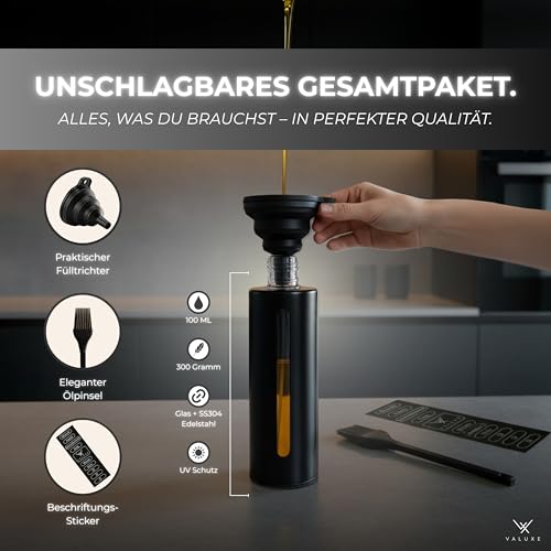 VALUXE® Ölsprüher für Speiseöl & Essig mit UV-Edelstahlmantel & Sprühfilter - Edelstahl Öl-Sprühflasche - Präziser Essig & Olivenöl Sprüher, Öl-Zerstäuber, Oil-Sprayer schwarz 3