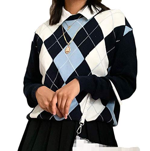 Women Argyle Plaid Sweater Pullover Long Sleeve V Neck Preppy Y2K E-Girl Sweater Autumn Winter (Navy Blue, F) #TOP7