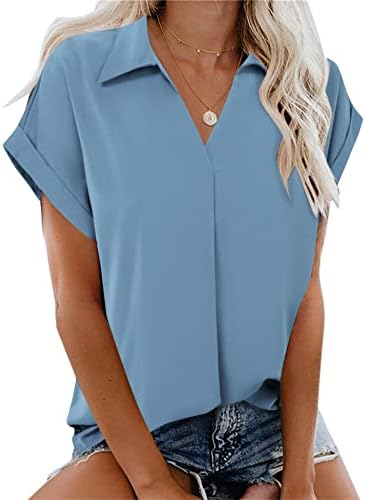 Gaharu Women’s Summer Work Blouse V Neck Short Sleeve Lapel Shirt Top Tunic