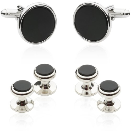 Cuff-Daddy Men’s Black Onyx Silver Tuxedo Cufflinks & Studs Set – Wedding, Prom, Black-Tie Formal Accessories with Travel Gift Box