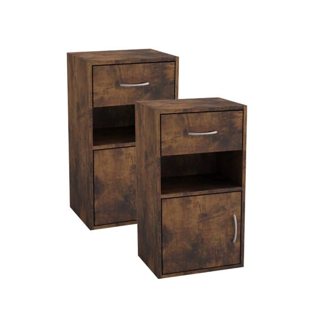 URBNLIVING Set Of 2 Wooden Bedroom Bedside Cabinet Nightstand Side Table w/1 Door 1 Drawer (Rustic Brown)