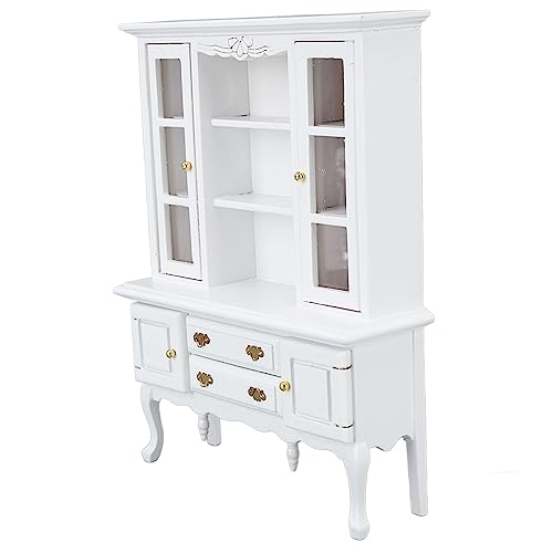 Dollhouse Furniture Cabinet, 1:12 Scale Wooden Cupboard Bookcase Display Shelf, Dollhouse Bookshelf for DIY Dollhouse Living Room (White)