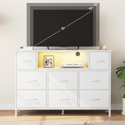 Image of DUMOS TV Stand Dresser with 8 Fabric Drawers and Open Shelves, LED Entertainment Center with Charging Station, Wood Top Media Console for 45-55 inch, Bedroom, White