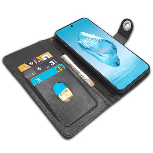 Image of Pikkme OnePlus 12R 5G Flip Cover Leather Finish | Inside TPU with Card Pockets | Wallet Stand and Shock Proof | Complete Protection Button Flip Case (Black)