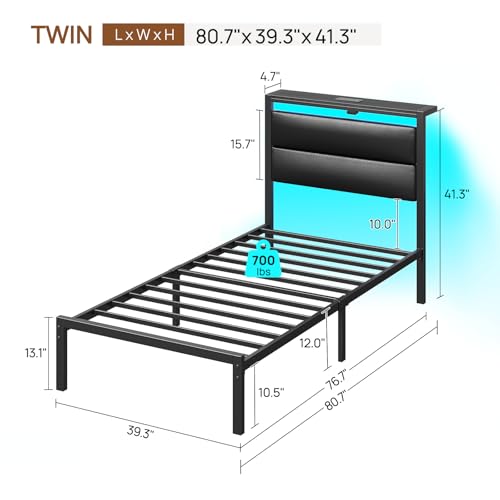 Rolanstar Bed Frame Twin Size with Charging Station, LED Twin Bed Frame with Upholstered Storage Headboard, Platform Bed with Metal Slats & Under Bed Storage, No Box Spring Needed, Noise Free, Grey by Rolanstar - Image 2