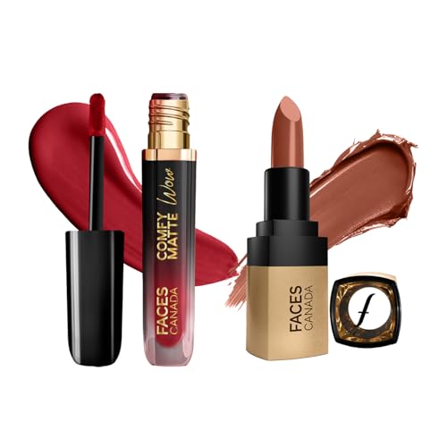 Image of FACES CANADA Comfy Matte Wow Liquid Lipstick - Maroon Maven 05 (3.8ml) & Comfy Matte Velvet Touch Lipstick - Toffee Drizzle 08 (4.2g) | One Swipe Application | Highly Pigmented |Hydrating Lips | Smooth Application
