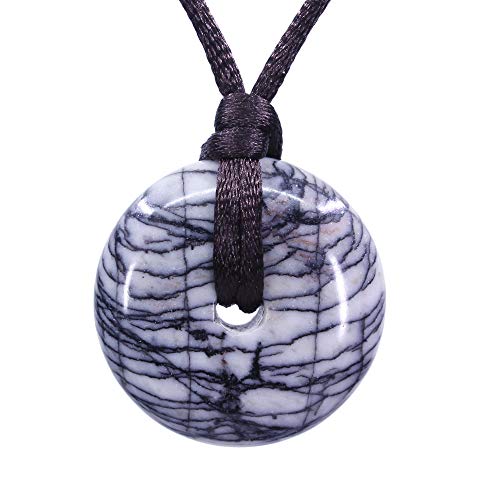 Keleny Natural Grey Picasso Jasper Gemstones 30mm Circle Peace Donut Pendant Adjustable Braided Brown Rope Necklaces