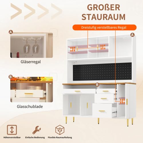 vutizal Armario alto para salón con iluminación LED, sistema de estantería regulable en altura, puertas correderas de cristal, solución de almacenamiento modular, armario con botellero, blanco, 145 ×