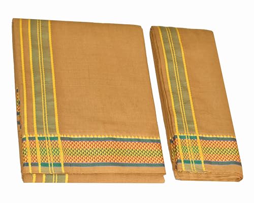 Image of TUNI MANI Men's Panchakacham Dhoti with Angavasthram with Zari Border, Cotton, Size: 9 X 5 (4.0mtr Dhoti, 2.25mtr Towel)