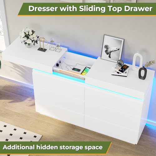 image for DICTAC Modern 6 Drawers White Dresser with Sliding Desktop, Wide Chest