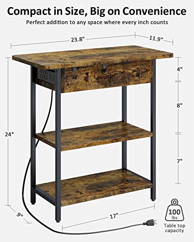 Houit End Table With Charging Station, Narrow Flip Top Side Table With Usb Ports And Outlets, Nightstand With Storage For Small Spaces, Bedside Tables For Living Room, Bedroom #TOP2