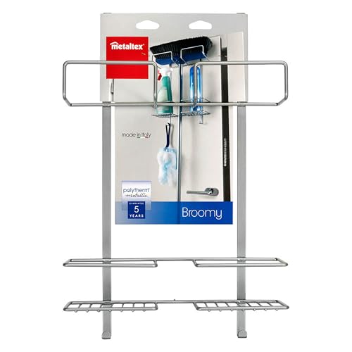 Metaltex Türregal Broomy-für Besen und Putzmittel, Draht Polytherm beschichtet, silber, 12.5 x 30.1 x 46.3 cm