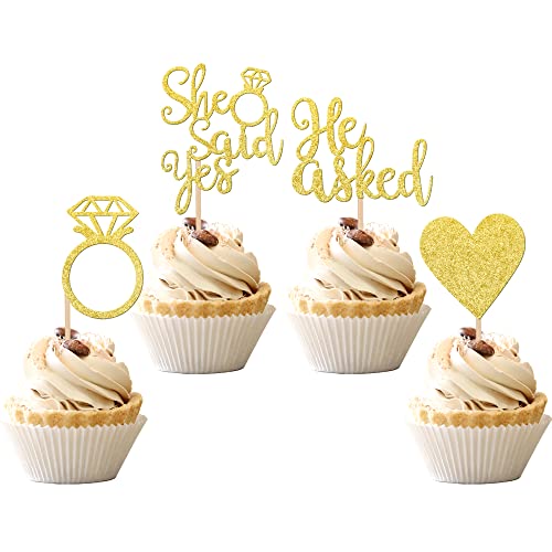 24 Pcs He Asked She Said Yes Cupcake Toppers With Glitter Heart Ring Bachelorette Cupcake Picks Wedding Engagement Bridal Shower Party Cake Decorations Supplies Gold #TOP10