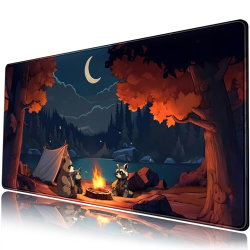 Grote leuke muismat met bos- en campingthema, XXL gaming-bureaumat in cartoon anime stijl, natuur esthetiek, ideaal voor computer en laptop, 80 x 40 cm, perfect voor buitenliefhebbers