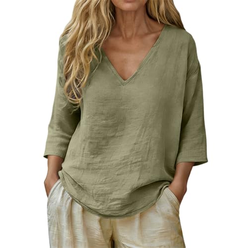 Chemise Rose Femme Coton Manche 3/4 Chic Col en V Tunique Longue Haut Décontracté Grande Taille Blouse Manches Longues Légère Élégant Chemise Lin et...
