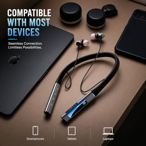 Image of iFAST Digital Display Bluetooth 5.4 Wireless Neckband Earphone | Up to 70 Hours Music Platime | with Plug & Play TF Card Support | Voice Assistance, Dual Pairing [ Black ]