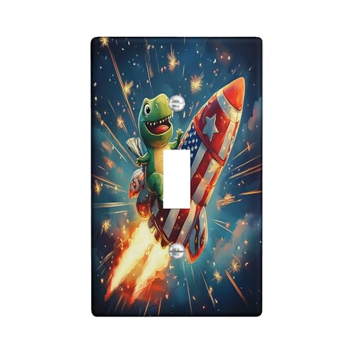 Rocket Dinosaur Light Switch Cover Plates/Outlet Covers, USA Flag Space Adventure for Kids Room Decor, Durable Thermoplastic Wall Plates, Standard Size Single Toggle