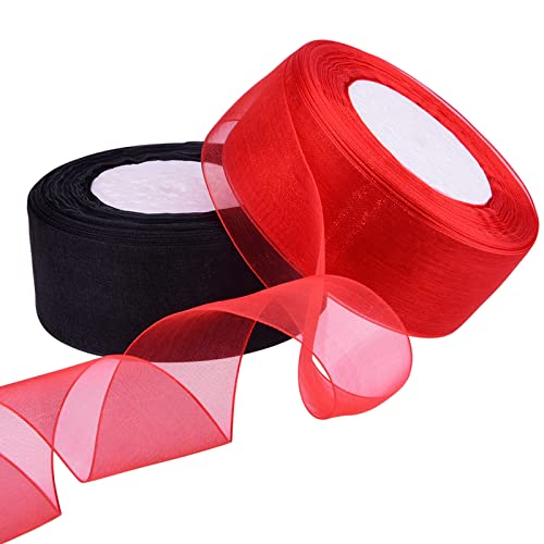 Hapeper 2 Rolls 1-1/2 Inch Sheer Organza Chiffon Ribbons Gift Wrapping Ribbon Mesh Ribbon (Red, Black) #TOP1