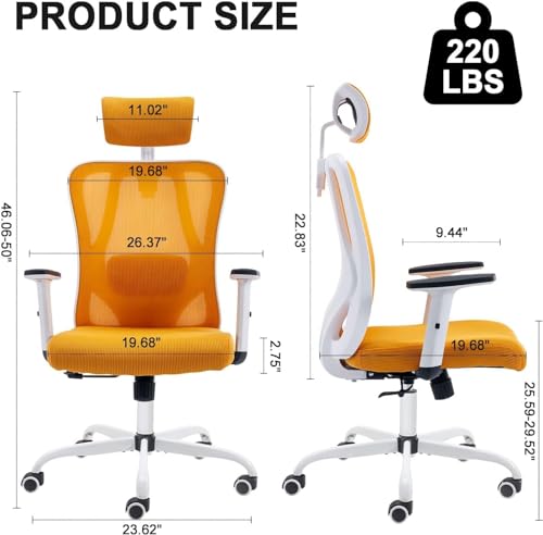 Image of OHAHO Office Chair Mid Back Swivel Lumbar Support Desk Chair, Computer Ergonomic Home Mesh Chair with Armrest and Adjustable Headrest (Yellow)