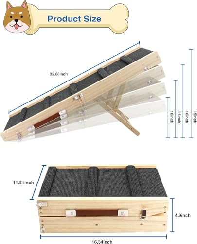 Klappbare Hunderampe aus Holz -Hundetreppe Höhenverstellbar 25-48cm mit Rutschfester Matte für Bett & Sofa | Leichte Haustierrampe auch für Katzen