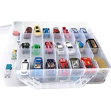 HOME4 Double Sided BPA Free Toy Storage Container - Compatible with Mini Toys Brands, Small Dolls Hot Wheels Tools Crafts - Toy Organizer Carrying Case - 48 Compartments - Cars Not Included Clear