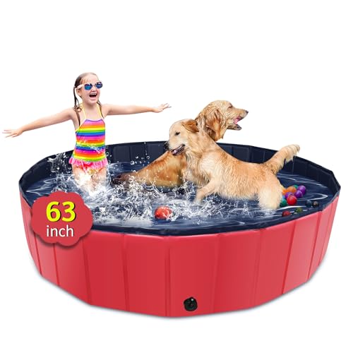Image of CACSPS Foldable Dog Pool, 63 inch x 12 inch Kiddie Pool with Hard Plastic, Non-Slip Dog Bath Tub for Outdoor Backyard, Collapsible Dog Swimming Pool for Kids Dogs Pets (Red)