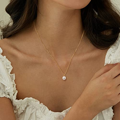 Tewiky Dainty Gold Necklace For Women, 14K Gold Plated Single Pearl Necklace Simple Pearl Drop Necklace Cute Gold Pearl Pendant Necklace Aesthetic Gold Necklaces For Women Trendy Gold Jewelry Gifts #TOP1