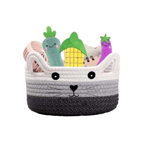 Image of Cute Laundry Basket Baby Toy Basket Decorative Storage Basket Bins With Handles Pet Toys Storage Organizer Baby Nursery Basket As Baby Shower Gifts,White+Grey