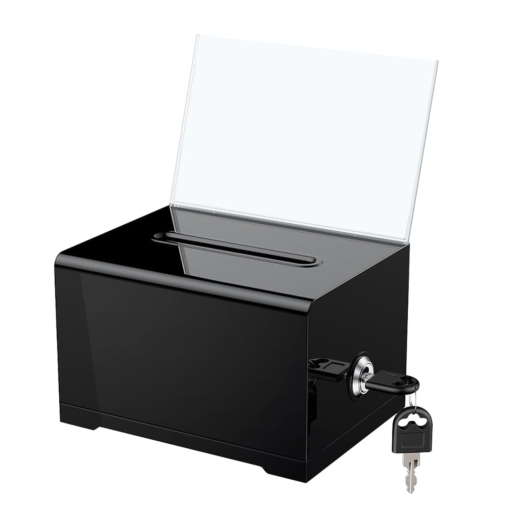 JOAASU Black Acrylic Donation Box, Suggestion Box with Slot & Lock & Sign Holder, for Raffle, Feedback, Voting, Tips & Charity Donations Collection, 15.7 x 11.9 x 10.2 cm (Black)