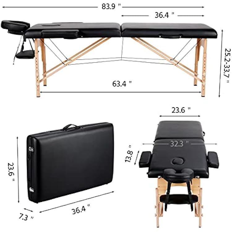 Yaheetech Massage Table Portable Lash Beds Spa Bed Massage Couch Foldable Spa Tables Adjustable 2 Fold with Non-Woven Bag 24 inch, Black