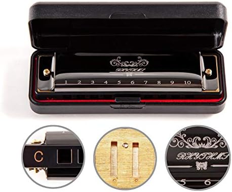 jieshiling Harmonica, Standard Diatonic Key of C 10 Holes 20 Tones Blues Mouth Organ Harp For Kids, Beginners, Professional, Students (Black)