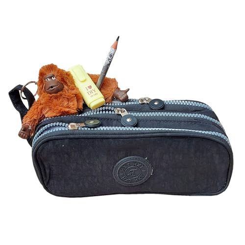 Estojo 3 Divisórias com Bolso Organizador + Chaveiro Macaco Pelúcia + Lápis Metalizado + Mini Marca Texto Divertido (Masculino)