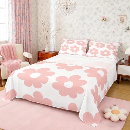 Manfei Girly Pink Fitted Sheet Set Full Size 4 Pcs,70s