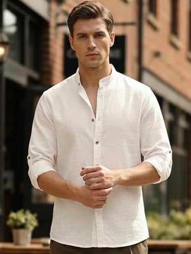 Image of Urbano Fashion Men's Linen Blend Full Sleeve Relaxed Fit Mandarin Collar Casual Solid Shirt