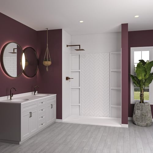 Noah William Home White Acrylic Shower Wall Surround D36 x W60 x H80 - Waterproof, Easy-to-Install, Includes Two Shelf Units - Shower Wall Surround Panels, Chevron Tiles Pattern, Classic Shelves