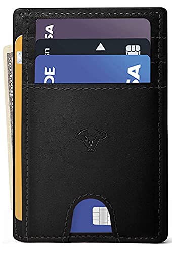 Image of Contacts Genuine Leather Slim Wallet | RFID Blocking Skinny Minimal Thin Front Pocket Wallet Sleeve Card Holder for Men | Up to 7 Card Slots Including 1 ID Window (Black)
