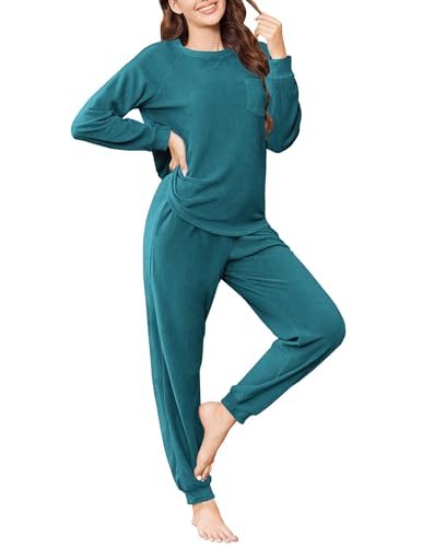 Ekouaer Womens Fuzzy Fleece Pajama Sets Long Sleeve Jogger Sets Comfy Sleepwear Loungewear with Pockets Medium Teal