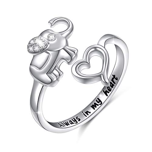 elephant ring wrap - Elephant Ring Sterling Silver Engraved Always in My Heart Lucky Elephant Adjustable Wrap Open Ring for Women, Size 7