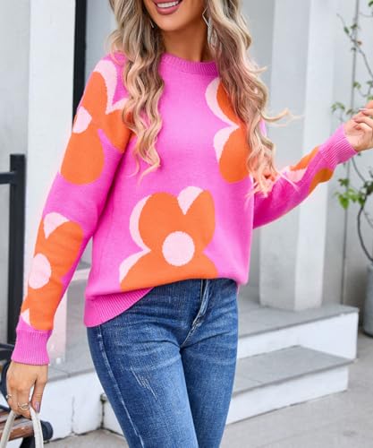 Image of Sumleno Womens Cute Color Block Flower Pattern Sweaters Crewneck Pullover Tops Kawaii Aesthetic Fall Winter Knitwear