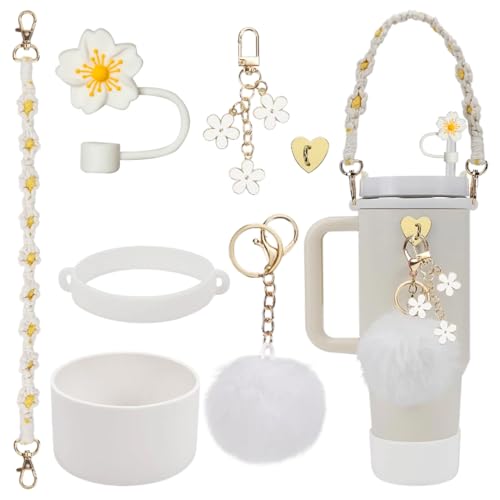 Stanley Cup Accessories Set, 7PCS Stanley Cup Decor Includes Stanley Straw Cover, Water Bottle Handle Strap, Silicone Stanley Cup Boot, Stanley Charms for Stanley Cup 40oz & 30 oz Tumbler (White)