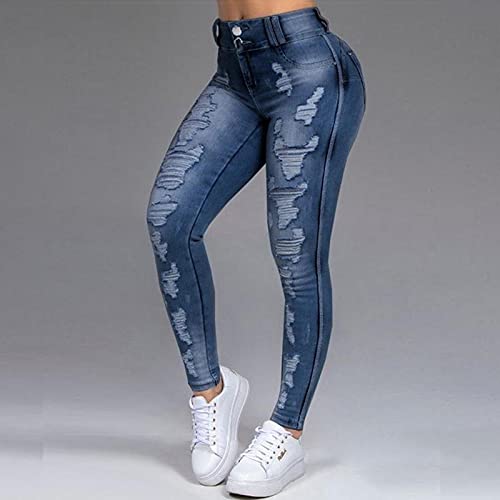 Women's Hole Slim Denim Pants Pencil Skinny Trousers Stretch Jeran Leggings For Women Fitness Butt Lifting Jeans Dark Blue #TOP4
