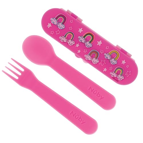 Nuby Toddler Utensils with Travel Case - Self-Feeding Fork & Spoon Set for Kids - Easy-to-Hold Training Utensils with Rounded Safe Edges for Independent Mealtime - Rainbows