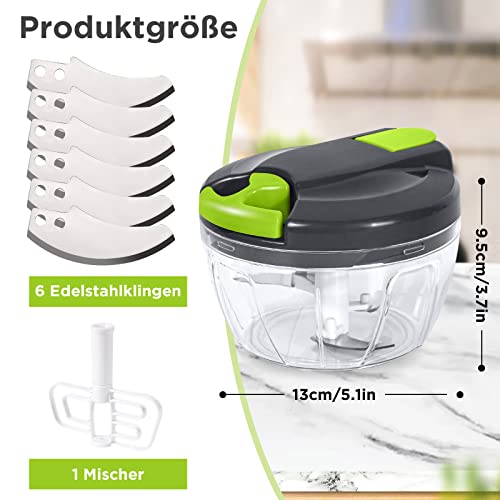 Foto von Zwiebelschneider Manuell mit 3 Edelstahlklingen, Zusätzlichen 3 Klinge und 1 Mixer, 520ML Gemüseschneider, Zwiebel Zerkleinerer Manuell Multizerkleinerer, Zwiebelschneider mit Seilzug Zwiebelhacker