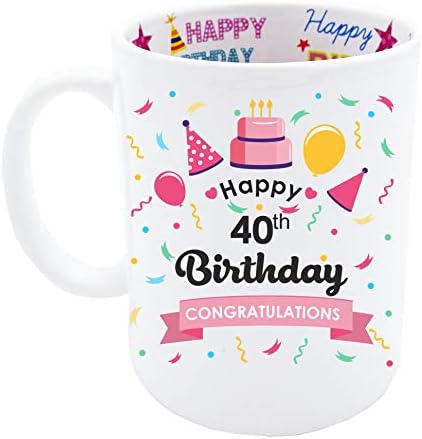 Mainly Mugs 40th Birthday Gift Keepsake for Women Pink Happy Birthday Design also with Print Inside Coffee Mug