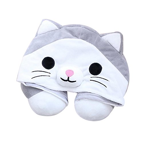 VOPOCO Cute Cartoon Animal 2 in 1 U Shaped Neck Pillow with Cute Onesie Cartoon Cap Cozy Travel Cushion Head Stress Relief Airplane Car Office for Warmth and Privacy Funny Gifts (Grey Cute Cat)