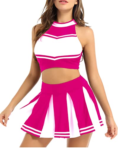 Zaldita Womens 2Pcs Cheerleading Costume Uniform Cosplay Outfits Crop Tops With Mini Pleated Skirts Hotpink Small #TOP8