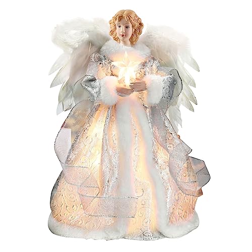 12.6In Silver Angel Christmas Tree Topper, LED Light Up Fairy Fabric Xmas Tree Decoration, Elegant Angel For Top Of Christmas Tree, Festive Ornament For Home & Holiday Party Décor